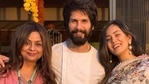 Neliima Azeem poses with Shahid Kapoor and Mira Rajput.