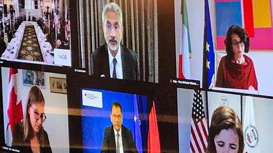 External affairs minister S Jaishankar attends a virtual meeting with foreign ministers during the G7 summit.(PTI/Twitter)