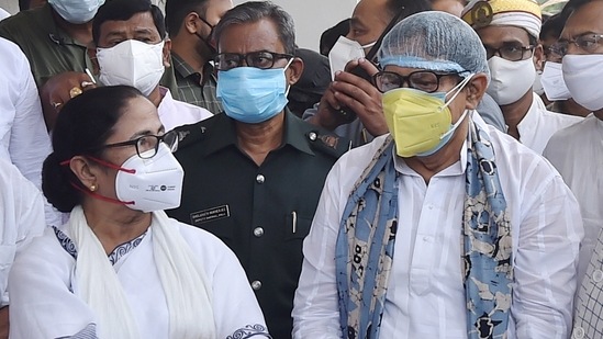 West Bengal chief minister Mamata Banerjee and speaker Biman Bandopadhyay at West Bengal legislative assembly premises in Kolkata,(PTI Photo)