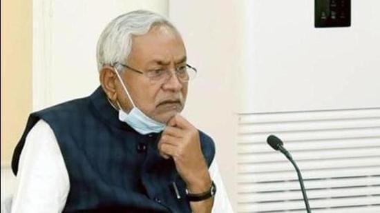 Patna-March.20,2021-Bihar Chief Minister Nitish Kumar holding high level review meeting related COVID-19 pandemic through video conferencing at 1, Anne Marg in Patna. Bihar India on Saturday March 20,2021.(Photo by Santosh Kumar /Hindustan Times)
