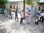 A long queue of people waiting for Covid-19 tests at SMS Hospital, in Jaipur, Rajasthan.