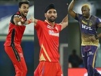 Harshal Patel of RCB (left), Harpreet Brar of PBKS (centre), and Andre Russell of KKR.(IPL/HT Photo) Harshal Patel of RCB (left), Harpreet Brar of PBKS (centre), and Andre Russell of KKR.(IPL/HT Photo)