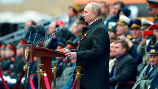Russian president Vladimir Putin delivers his speech during the Victory Day military parade in Moscow, Russia, Sunday, May 9, 2021, marking the 76th anniversary of the end of World War II in Europe. (AP) Russian president Vladimir Putin delivers his speech during the Victory Day military parade in Moscow, Russia, Sunday, May 9, 2021, marking the 76th anniversary of the end of World War II in Europe. (AP)
