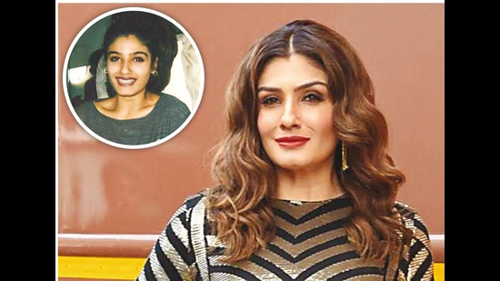 Raveena Tandon at 22 (inset), and now at 46 (above) Raveena Tandon at 22 (inset), and now at 46 (above)
