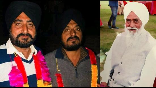 (From left) Jaspal Singh (54), Harpal Singh (46) and their father and ex-sarpanch of Takipur village Tarlok Singh (83). (HT Photo)