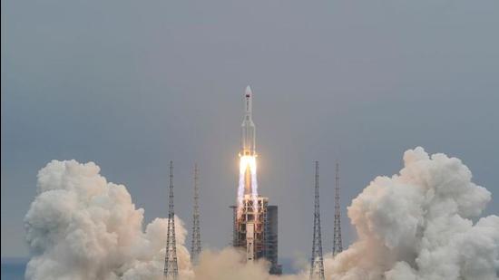 The Long March-5B Y2 rocket, carrying the core module of China's space station Tianhe, takes off from Wenchang Space Launch Centre in Hainan province, China, on April 29. (REUTERS)