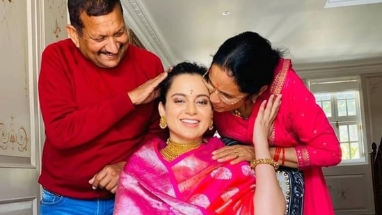Kangana Ranaut with her father and mother. Kangana Ranaut with her father and mother.