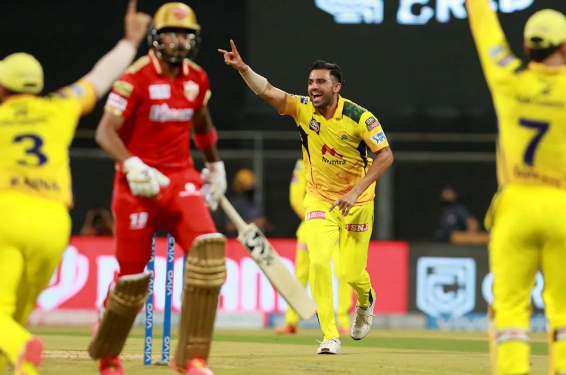 IPL 2021: Deepak Chahar of CSK in action against PBKS. (IPL)