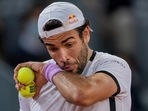 Italy's Matteo Berrettini in action against Germany's Alexander Zverev during the men's final match at the Madrid Open.(AP) Italy's Matteo Berrettini in action against Germany's Alexander Zverev during the men's final match at the Madrid Open.(AP)