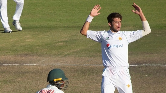 Shaheen Shah Afridi, right, reacts during the second test cricket match against Zimbabwe at Harare Sports Club. (AP) Shaheen Shah Afridi, right, reacts during the second test cricket match against Zimbabwe at Harare Sports Club. (AP)