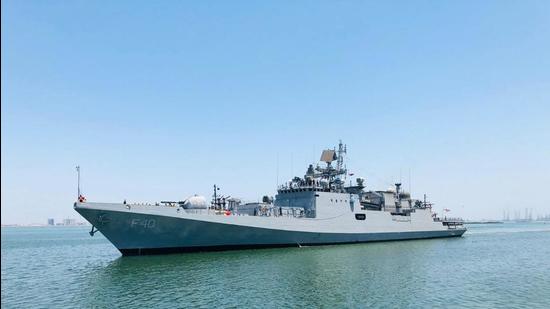 INS Talwar, the first Indian warship of Op Samudra Setu-II, arrives in Bahrain. (Photo: Twitter) INS Talwar, the first Indian warship of Op Samudra Setu-II, arrives in Bahrain. (Photo: Twitter)