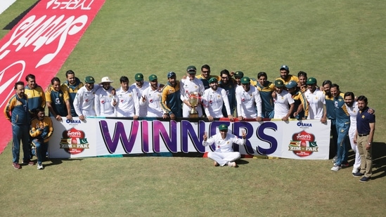 Harare: Pakistan cricket team pose with the trophy after winning the series and test cricket matchs against Zimbabwe at Harare Sports Club(AP) Harare: Pakistan cricket team pose with the trophy after winning the series and test cricket matchs against Zimbabwe at Harare Sports Club(AP)