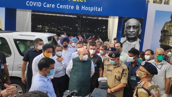Union home minister Amit Shah, Delhi chief minister Arvind Kejriwal and ITBP director general S S Deswal visited the Sardar Vallabh Bhai Patel Covid Care Centre in June last year(File photo)