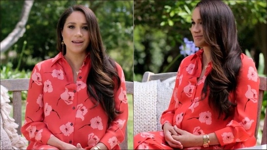 Meghan Markle serves maternity fashion inspo in a steamy poppy print shirt dress(Instagram/meghanmarklesource)