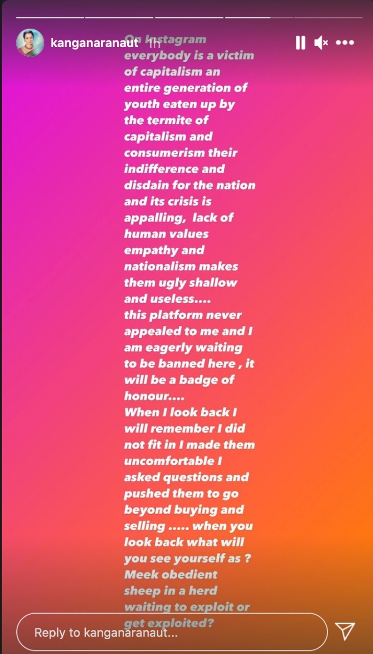 Kangana Ranaut on Instagram Stories. Kangana Ranaut on Instagram Stories.