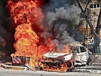 A car is seen ablaze after a rocket launched from the Gaza Strip landed in the southern Israeli city of Ashkelon.(AFP) A car is seen ablaze after a rocket launched from the Gaza Strip landed in the southern Israeli city of Ashkelon.(AFP)