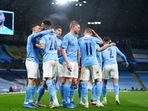 Manchester City players celebrate Riyad Mahrez's second goal. (Twitter/Champions League) Manchester City players celebrate Riyad Mahrez's second goal. (Twitter/Champions League)