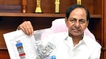 Telangana chief minister K. Chandrashekar shows medicines being distributed to people to fight coronavirus, at Pragathi Bhavan in Hyderabad on Friday. (ANI Photo) Telangana chief minister K. Chandrashekar shows medicines being distributed to people to fight coronavirus, at Pragathi Bhavan in Hyderabad on Friday. (ANI Photo)