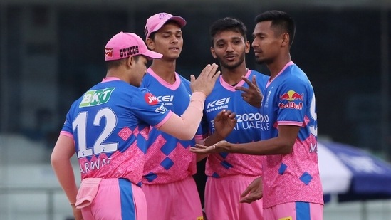 Mustafizur Rahman of Rajasthan Royals celebrates with teammates.(ANI/IPL)