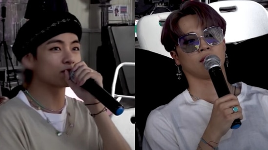 BTS singers Jimin and V turn announcers on the sets. 