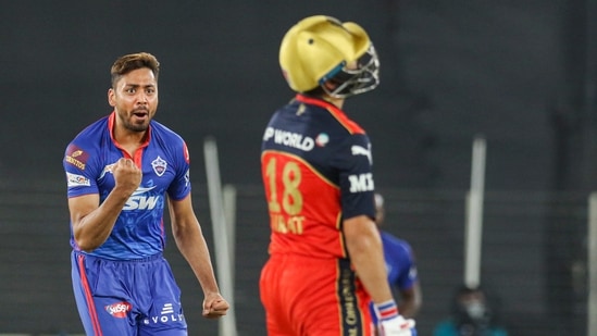 Avesh Khan of Delhi Capitals celebrates the wicket of RCB skipper Virat Kohli during IPL 2021(PTI) Avesh Khan of Delhi Capitals celebrates the wicket of RCB skipper Virat Kohli during IPL 2021(PTI)