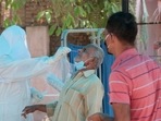 A person being tested for Covid-19 at Kanwatiya Hospital, in Jaipur, Rajasthan, India. (Photo by Himanshu Vyas/ Hindustan Times)