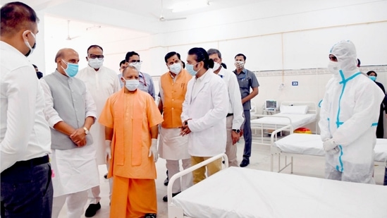 Defence minister Rajnath Singh and Uttar Pradesh chief minister Yogi Aditiyanath visit the newly-launched 255-bedded HAL-UP Covid hospital, in Lucknow on Tuesday. (PTI Photo) Defence minister Rajnath Singh and Uttar Pradesh chief minister Yogi Aditiyanath visit the newly-launched 255-bedded HAL-UP Covid hospital, in Lucknow on Tuesday. (PTI Photo)