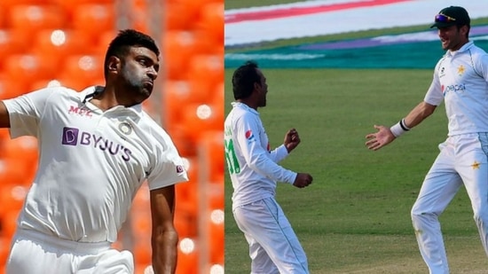 R Ashwin of India (left) and Nauman Ali and Shaheen Afridi of Pakistan (right).(HT Collage) R Ashwin of India (left) and Nauman Ali and Shaheen Afridi of Pakistan (right).(HT Collage)