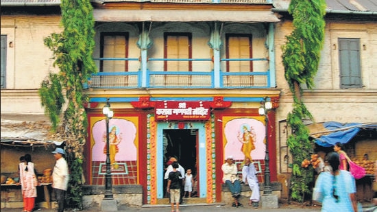 The temple with a wood-carved nagarkhana (drum house) acting as the entrance facade. (HT PHOTO)