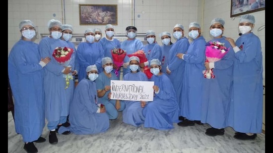 Nurses posing for a photograph after being felicitated at Dayanand Medical College and Hospital in Ludhiana on Wednesday. (HT Photo) Nurses posing for a photograph after being felicitated at Dayanand Medical College and Hospital in Ludhiana on Wednesday. (HT Photo)