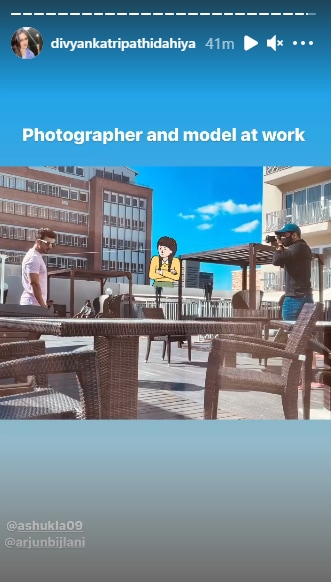 Divyanka Tripathi Dahiya shares a BTS pic of Abhinav Shukla and Arjun Bijlani's shoot.