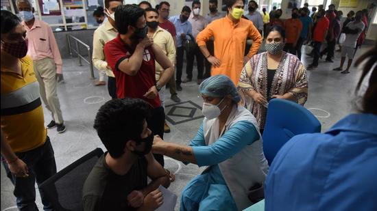 Covid vaccination drive at Civil Hospital, Sector 6, Panchkula on Wednesday, May 12. (Sant Arora/HT photo) Covid vaccination drive at Civil Hospital, Sector 6, Panchkula on Wednesday, May 12. (Sant Arora/HT photo)