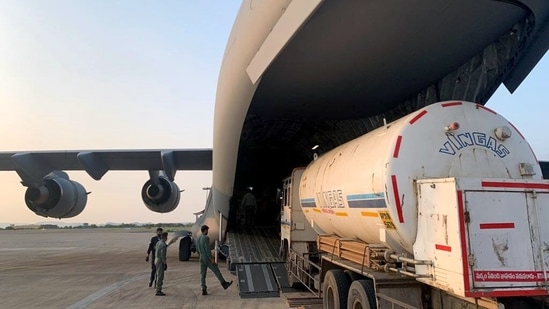 The Indian Air Force airlifted two cryogenic oxygen tankers from Vijayawada to Bhubaneswar on Wednesday. (File Photo / ANI)