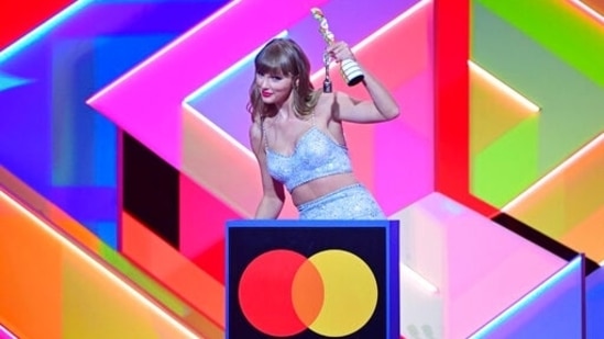 Taylor Swift accepts the Global Icon award during the Brit Awards 2021 at the O2 Arena, in London, Tuesday, May 11, 2021. (AP) Taylor Swift accepts the Global Icon award during the Brit Awards 2021 at the O2 Arena, in London, Tuesday, May 11, 2021. (AP)