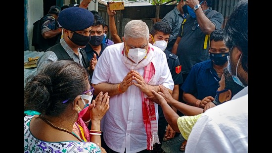 West Bengal governor Jagdeep Dhankar travelled to Cooch Behar on Thursday to meet victims of the Sitalkuchi violence(PTI)