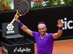Spain's Rafael Nadal celebrates as he plays Germany's Alexander Zverev, during their quarter-final match at the Italian Open tennis tournament(AP) Spain's Rafael Nadal celebrates as he plays Germany's Alexander Zverev, during their quarter-final match at the Italian Open tennis tournament(AP)