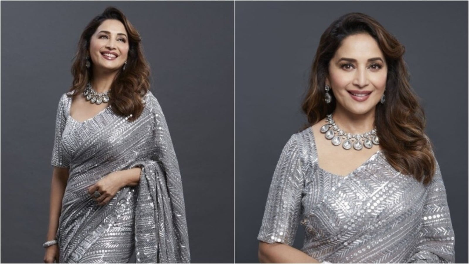 Madhuri Dixitxxx - Madhuri Dixit is fashion royalty in grey sequinned saree and heels, pics |  Fashion Trends - Hindustan Times