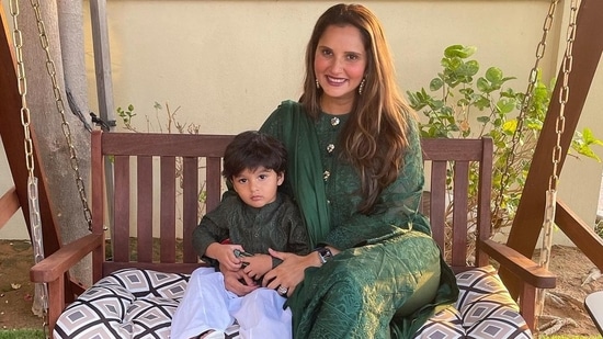 Sania Mirza wore a stunning emerald green number from Pakistani designer Nomi Ansari's collection. She twinned with her son on the occasion of Eid and captioned her Instagram post, 'Twinning and winning my laddoo'.(Instagram)