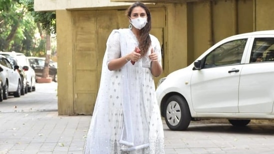 Huma Qureshi opted for a gorgeous off white coloured anarkali, churidar and mesh dupatta ensemble from designer Gopi Vaid. (Varinder Chawla)