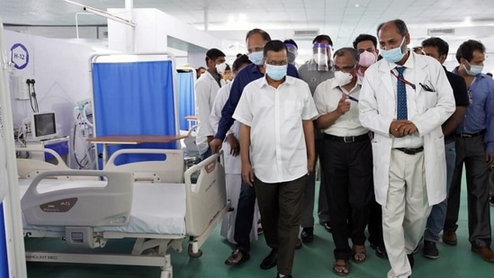 Delhi Chief Minister Arvind Kejriwal inspects the make-shift Covid-19 treatment facility at Ram Lila ground and annexed to the LNJP Hospital in New Delhi. Delhi Chief Minister Arvind Kejriwal inspects the make-shift Covid-19 treatment facility at Ram Lila ground and annexed to the LNJP Hospital in New Delhi.