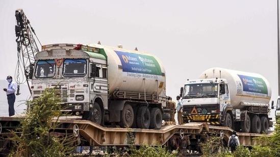 Oxygen Express loaded with three containers of oxygen from Jamnagar, Gujarat, arrives at railway goods yard at Kalamboli in Navi Mumbai, earlier in April. (File photo)