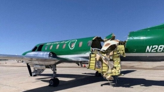 Image of a Key Lime Air Metroliner that landed safely at Centennial Airport after a mid-air collision near Denver on Wednesday. (AP) Image of a Key Lime Air Metroliner that landed safely at Centennial Airport after a mid-air collision near Denver on Wednesday. (AP)