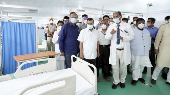 Delhi CM Arvind Kejriwal during a visit to the newly constructed 500 ICU beds COVID Care Centre at Ramlila maidan opposite LNJP hospital in New Delhi.(PTI)