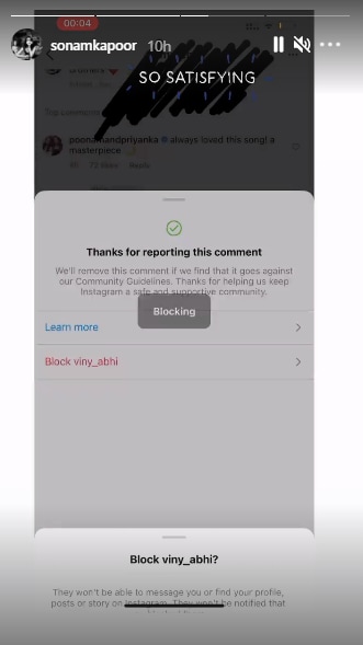 Sonam Kapoor also blocked the user.