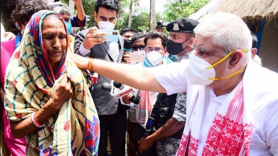 West Bengal Governor Jagdeep Dhankhar visited Nandigram on Saturday to meet the victims of post-poll violence that broke out after May 2, the day election results were announced. (PTI PHOTO.)