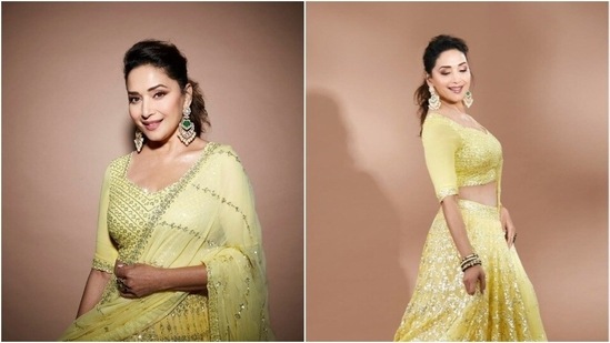 Madhuri Dixit in bright yellow lehenga(Instagram/madhuridixitnene)