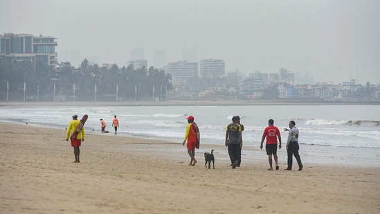 Life Guard and firefighters patrol the Juhu beach area due to the formation of Cyclone Tauktae in the Arabian Sea, in Mumbai, on Saturday, May 15, 2021. (PTI)