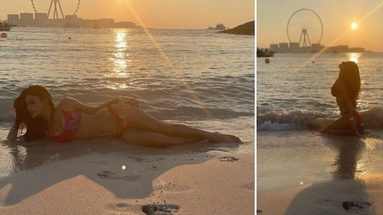 Mouni Roy looked to-die-for in her pink floral bikini at the beaches of Dubai.(Instagram/@imouniroy)