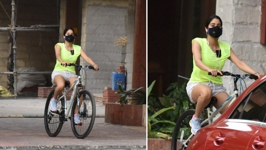 For her fun fitness session, Janhvi donned a neon coloured green T-shirt which she teamed with grey shorts and matching sneakers. (Varinder Chawla)