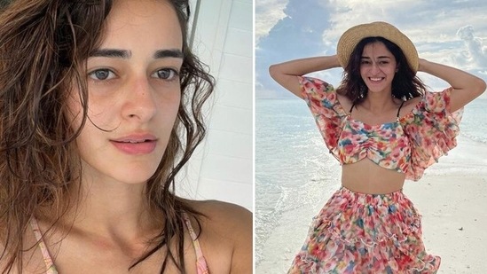 Ananya Panday smiled her heart out as she posed in a floral pink blouse and skirt co-ord set in the Maldives.(Instagram/@ananyapanday)
